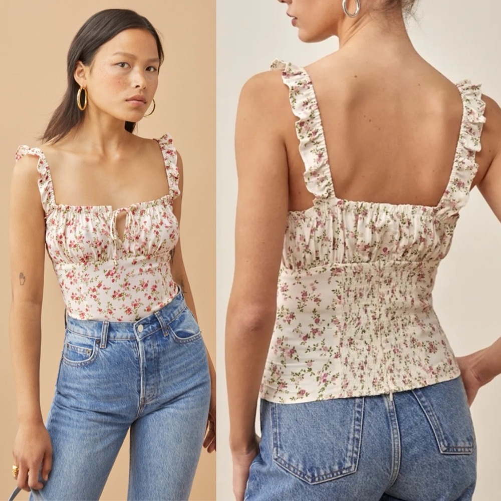 Reformations Floral Ruffle Top - Cream and Pink